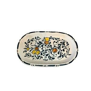 Small Oval Handpainted Stenciled Plate Platter Amateur Crude Blue Lemons Decor